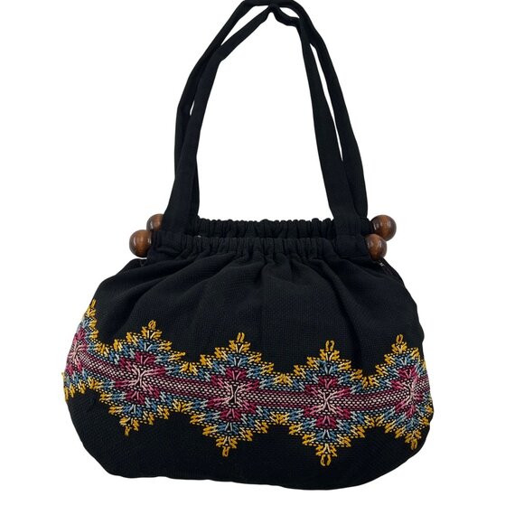 Handmade Black Shoulder Bag Colorful Embroidery & Wooden Accents reversible - Picture 3 of 9